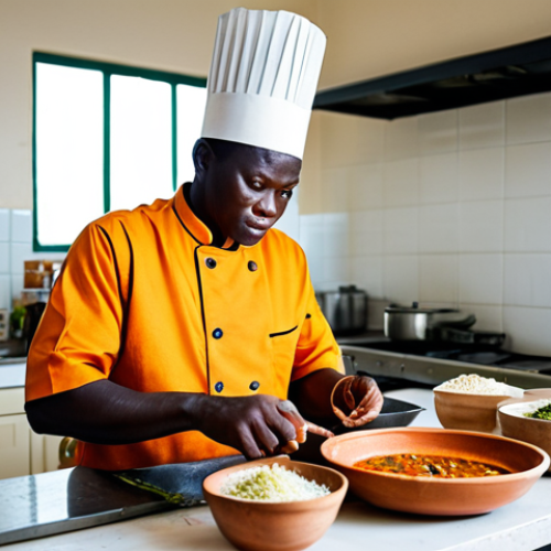 Home 11 A skilled professional chef, fully clothed in a professional chef's uniform and appropriate attire, expertly preparing a traditional Congolese dish such as Moambe (peanut stew) with fufu in a clean, well-lit kitchen. Fresh manioc, palm oil, and various spices are visible on the counter, emphasizing the authentic ingredients. Professional photography, hyperrealistic, detailed, vibrant colors, natural light, perfect anatomy, correct proportions, natural pose, well-formed hands, proper finger count, natural body proportions, safe for work, appropriate content, fully clothed, professional, family-friendly.