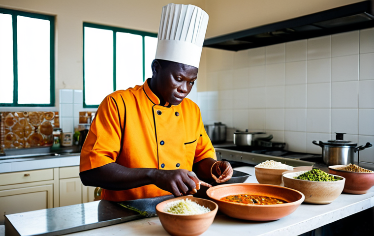 A skilled professional chef, fully clothed in a professional chef's uniform and appropriate attire, expertly preparing a traditional Congolese dish such as Moambe (peanut stew) with fufu in a clean, well-lit kitchen. Fresh manioc, palm oil, and various spices are visible on the counter, emphasizing the authentic ingredients. Professional photography, hyperrealistic, detailed, vibrant colors, natural light, perfect anatomy, correct proportions, natural pose, well-formed hands, proper finger count, natural body proportions, safe for work, appropriate content, fully clothed, professional, family-friendly.