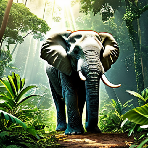 Home 6 A majestic, powerful forest elephant standing peacefully amidst the dense, wild jungle of the Republic of Congo. Lush green foliage, exotic plants, and shafts of sunlight filter through the canopy, creating a vibrant, natural environment. Professional nature photography, highly detailed, realistic, vibrant colors, safe for work, appropriate content, fully clothed, family-friendly, perfect anatomy, natural pose, high quality.