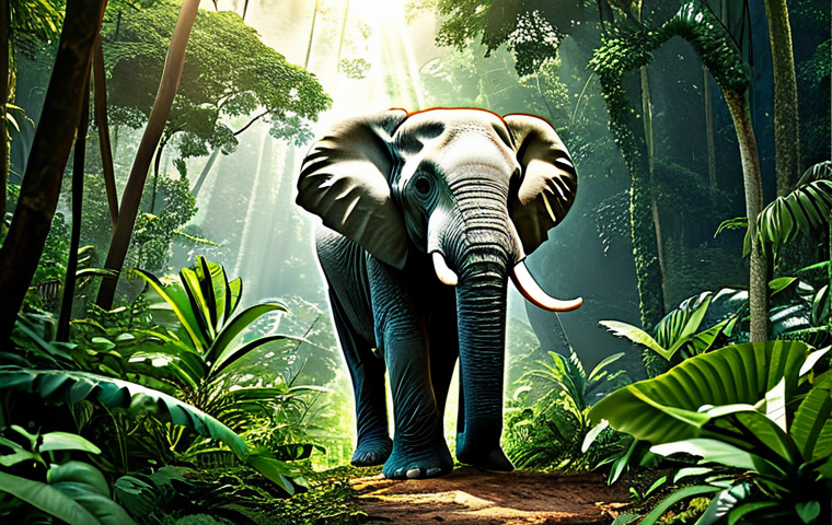 A majestic, powerful forest elephant standing peacefully amidst the dense, wild jungle of the Republic of Congo. Lush green foliage, exotic plants, and shafts of sunlight filter through the canopy, creating a vibrant, natural environment. Professional nature photography, highly detailed, realistic, vibrant colors, safe for work, appropriate content, fully clothed, family-friendly, perfect anatomy, natural pose, high quality.