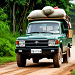 The Bumpy Road**

"A weathered, vintage Toyota Land Cruiser navigating a deeply rutted dirt road in the Congolese countryside. The vehicle is fully loaded with goods, people are riding on top. Dust billows from the tires. Lush green vegetation flanks the road. Overcast sky. safe for work, appropriate content, fully clothed, modest clothing, professional photography, perfect anatomy, correct proportions, natural pose, well-formed hands, proper finger count, natural body proportions, realistic, high detail."

**