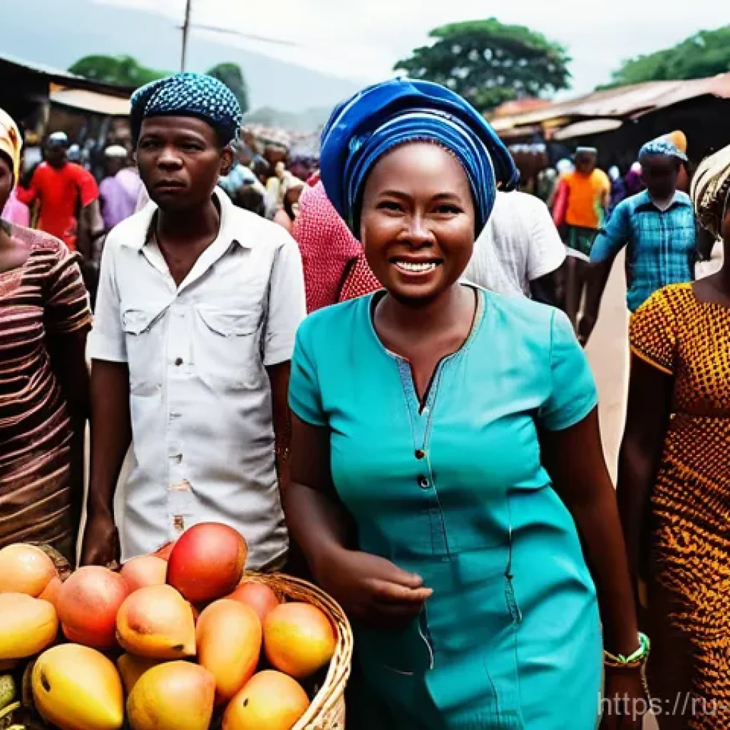 콩고 공화국에서 주의해야 할 여행 팁 - **A bustling and vibrant open-air market scene in a Congolese city.** The market is filled with dive...