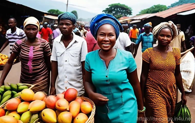 콩고 공화국에서 주의해야 할 여행 팁 - **A bustling and vibrant open-air market scene in a Congolese city.** The market is filled with dive...