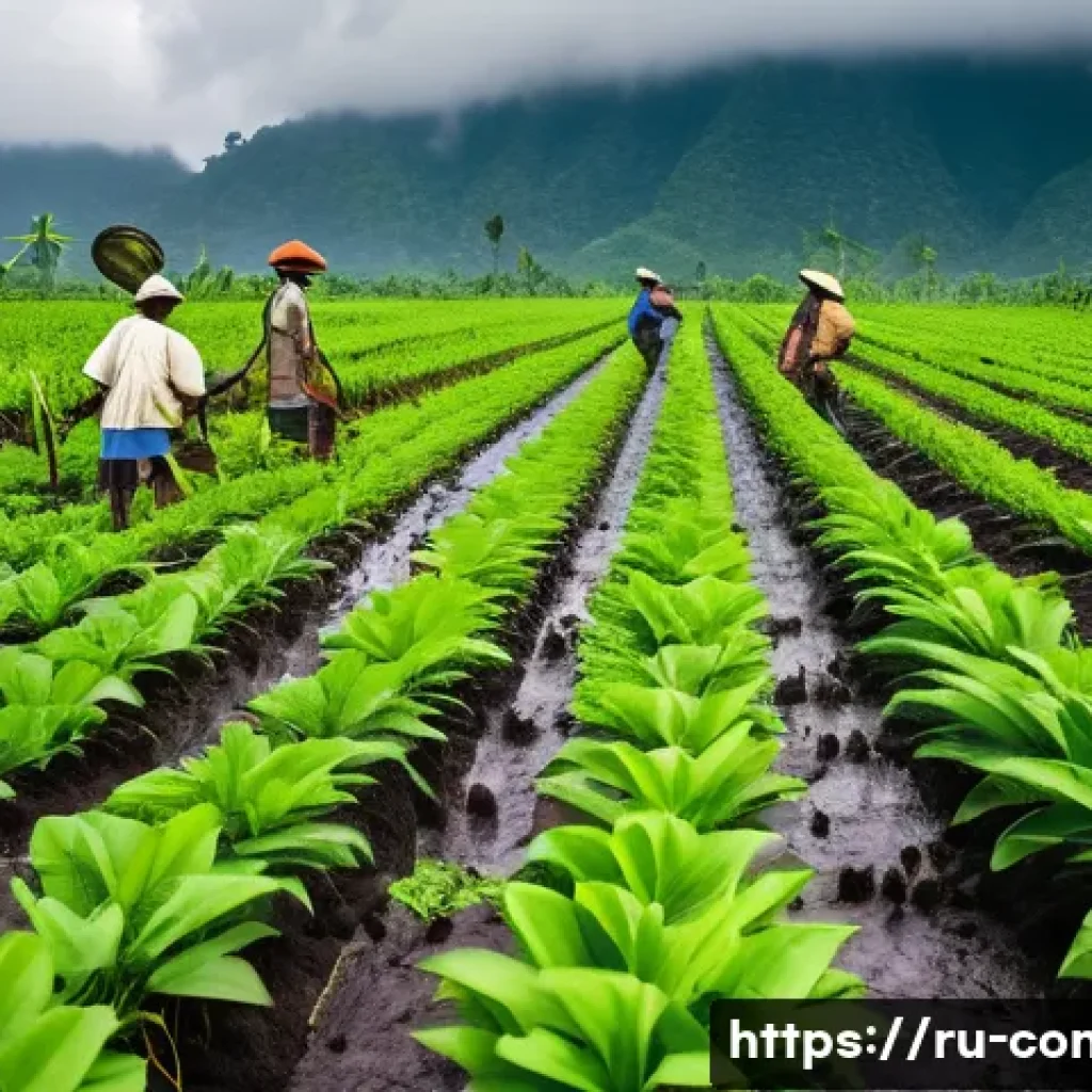 콩고 공화국 농업과 주요 작물 - A vibrant tropical farm scene in the Republic of Congo featuring local farmers working diligently in...