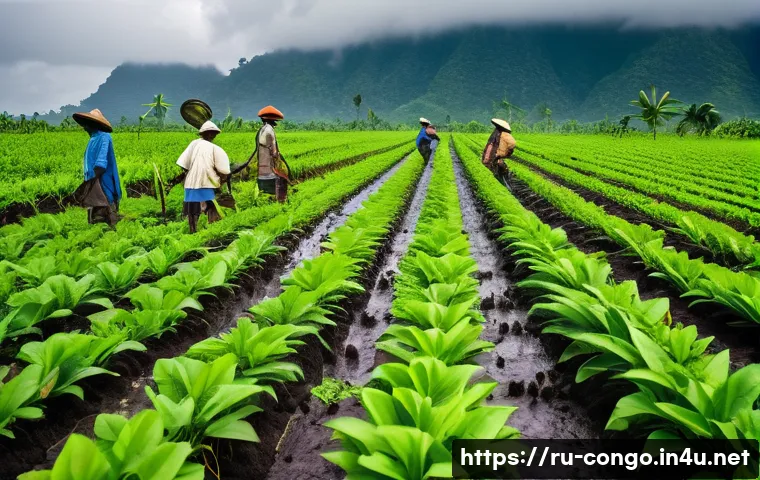 콩고 공화국 농업과 주요 작물 - A vibrant tropical farm scene in the Republic of Congo featuring local farmers working diligently in...