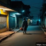 Home 18 콩고 공화국 방문 시 피해야 할 지역 - A detailed urban scene depicting the southern suburbs of Brazzaville at dusk, with dimly lit streets...