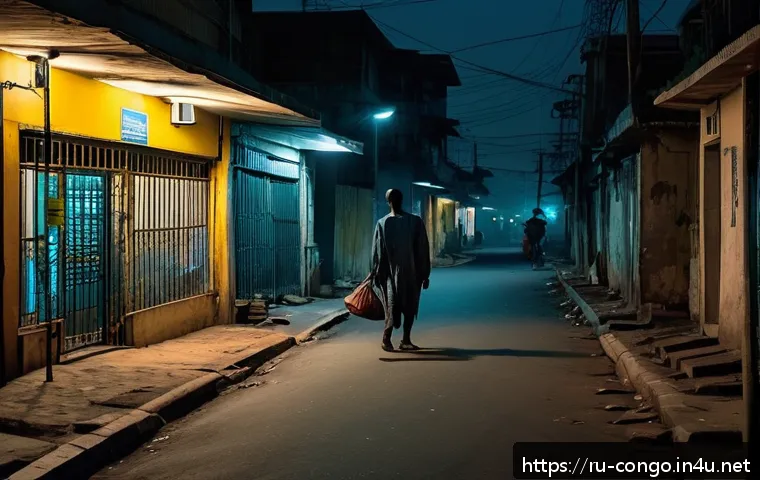 콩고 공화국 방문 시 피해야 할 지역 - A detailed urban scene depicting the southern suburbs of Brazzaville at dusk, with dimly lit streets...