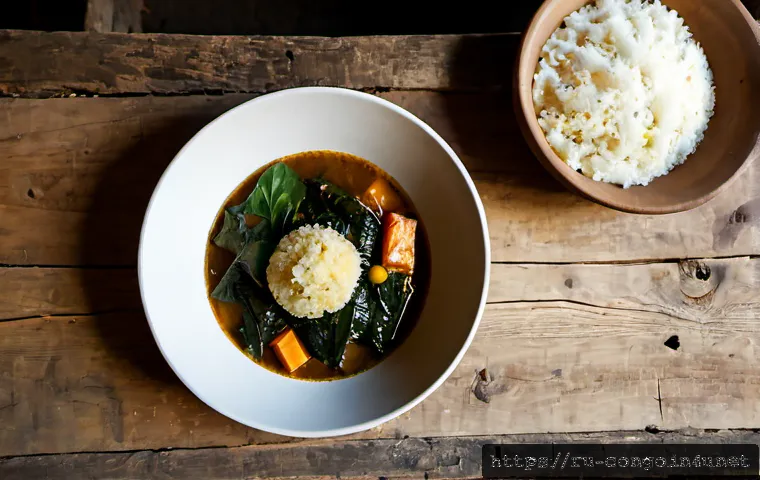 Home 17 콩고 공화국 전통 요리 레시피 - Photorealistic overhead food photography of a traditional Republic of the Congo home-cooked meal: a ...